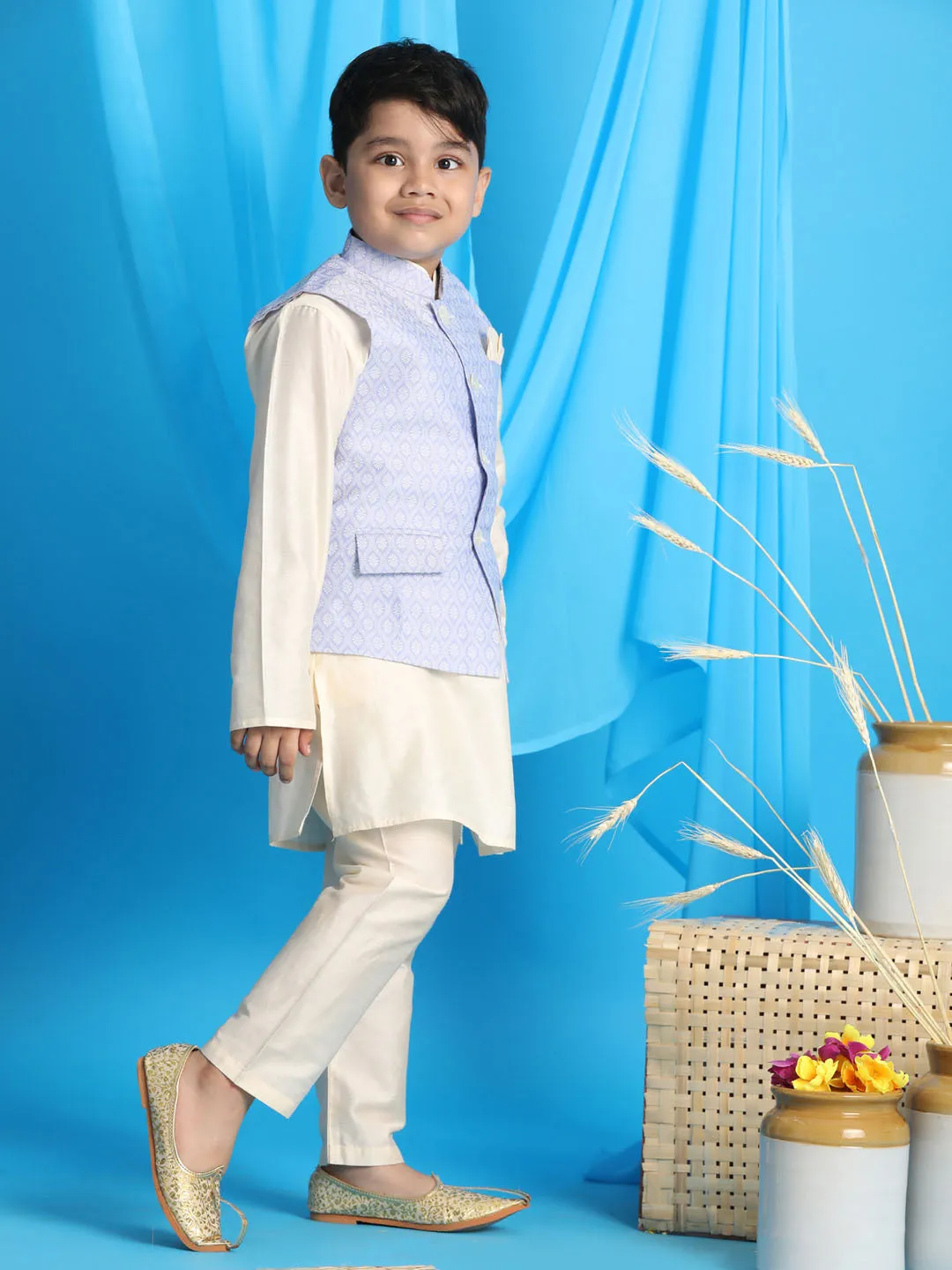 Boy's Blue And Cream Jacket, Kurta And Pyjama Set - Vastramay Boys