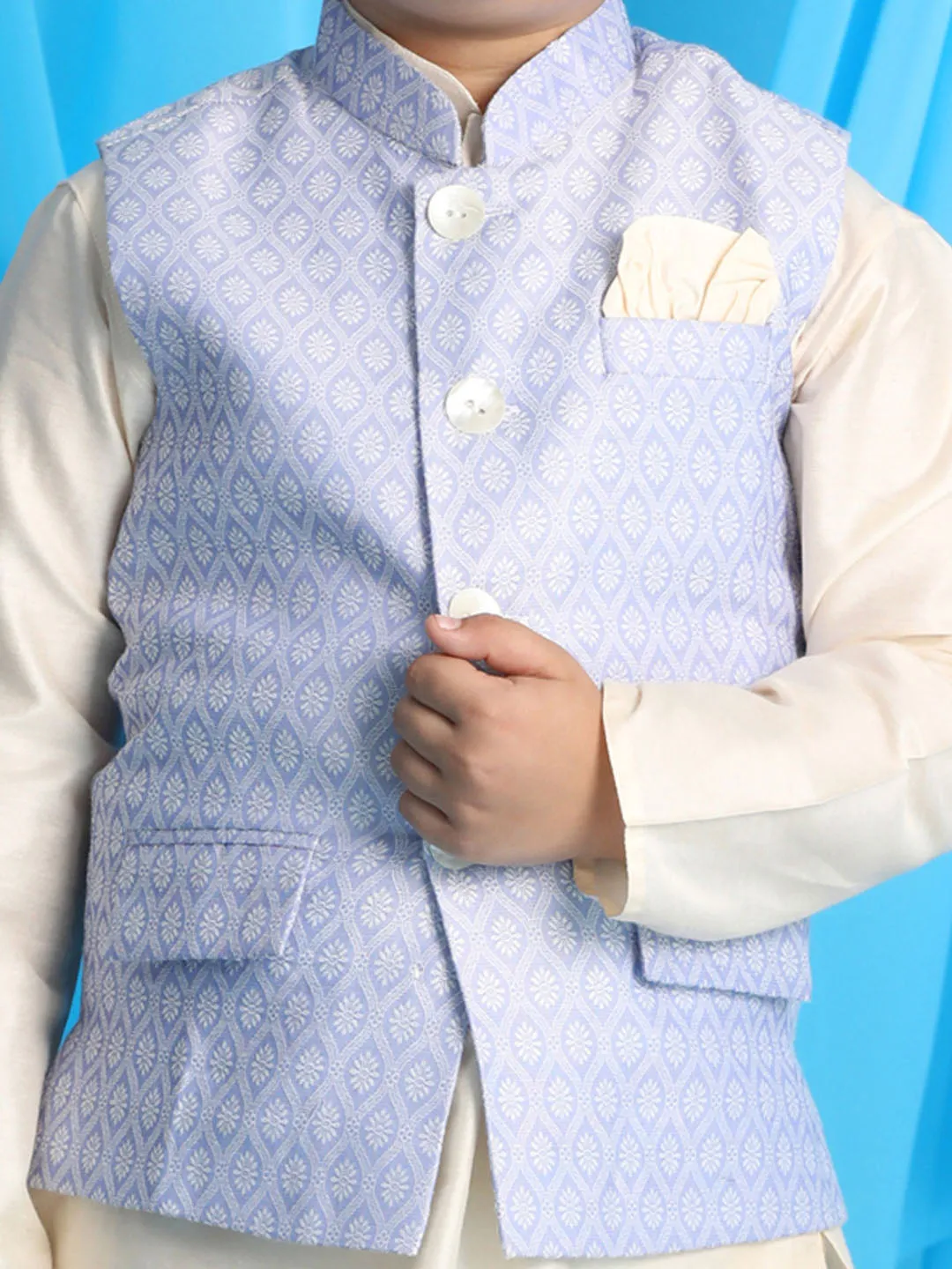 Boy's Blue And Cream Jacket, Kurta And Pyjama Set - Vastramay Boys