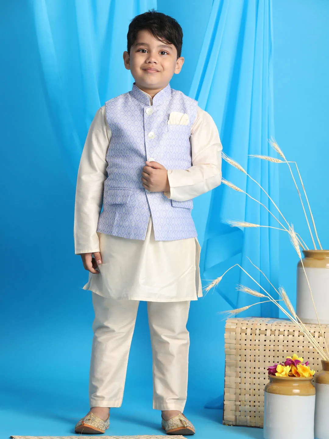 Boy's Blue And Cream Jacket, Kurta And Pyjama Set - Vastramay Boys