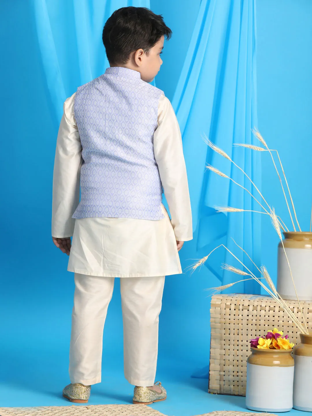 Boy's Blue And Cream Jacket, Kurta And Pyjama Set - Vastramay Boys