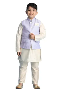 Boy's Blue And Cream Jacket, Kurta And Pyjama Set - Vastramay Boys