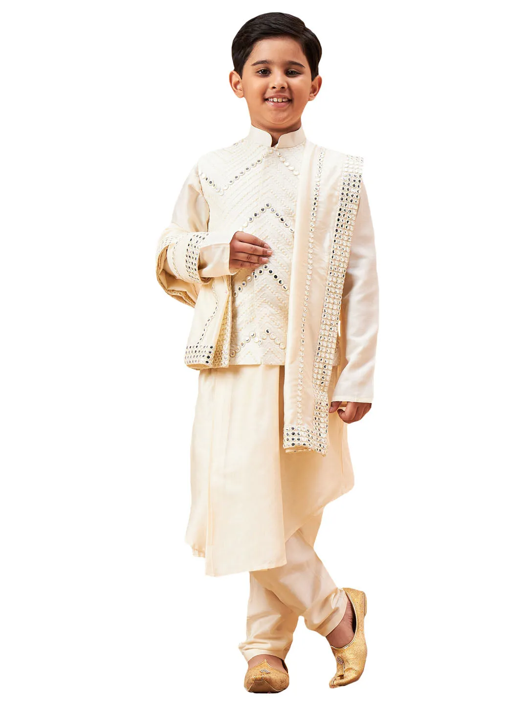 Boy's Cream Kurta, Pyjama & Dupatta Set - Vastramay Boys