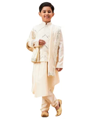 Boy's Cream Kurta, Pyjama & Dupatta Set - Vastramay Boys