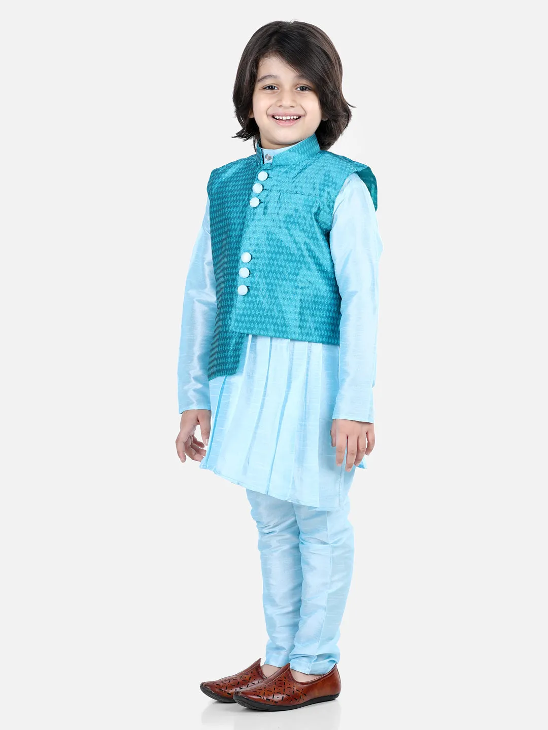 Boys Ethnic Festive Wear Assymetric Kurta Pajama with Jacquard Jacket- Blue