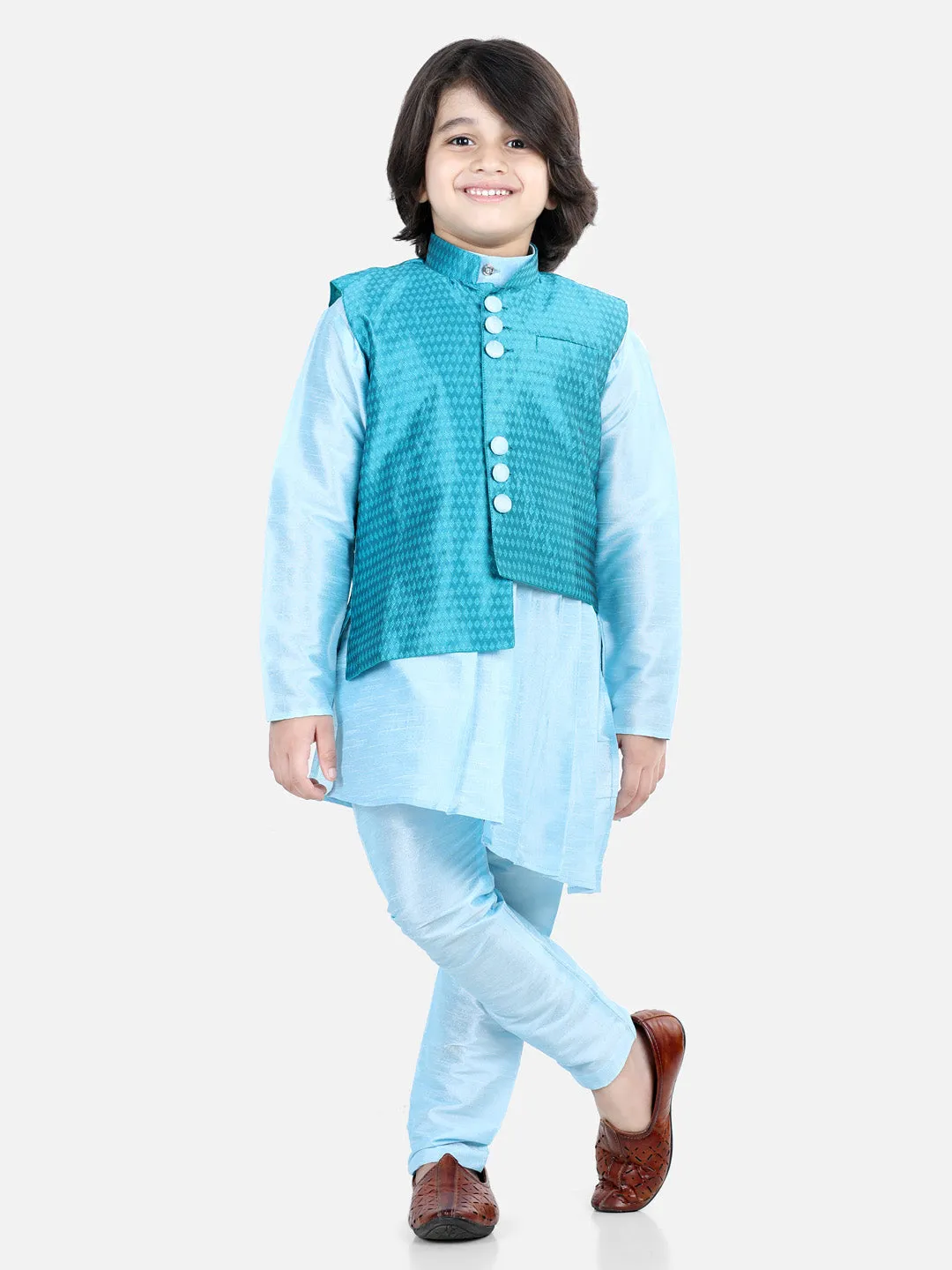 Boys Ethnic Festive Wear Assymetric Kurta Pajama with Jacquard Jacket- Blue