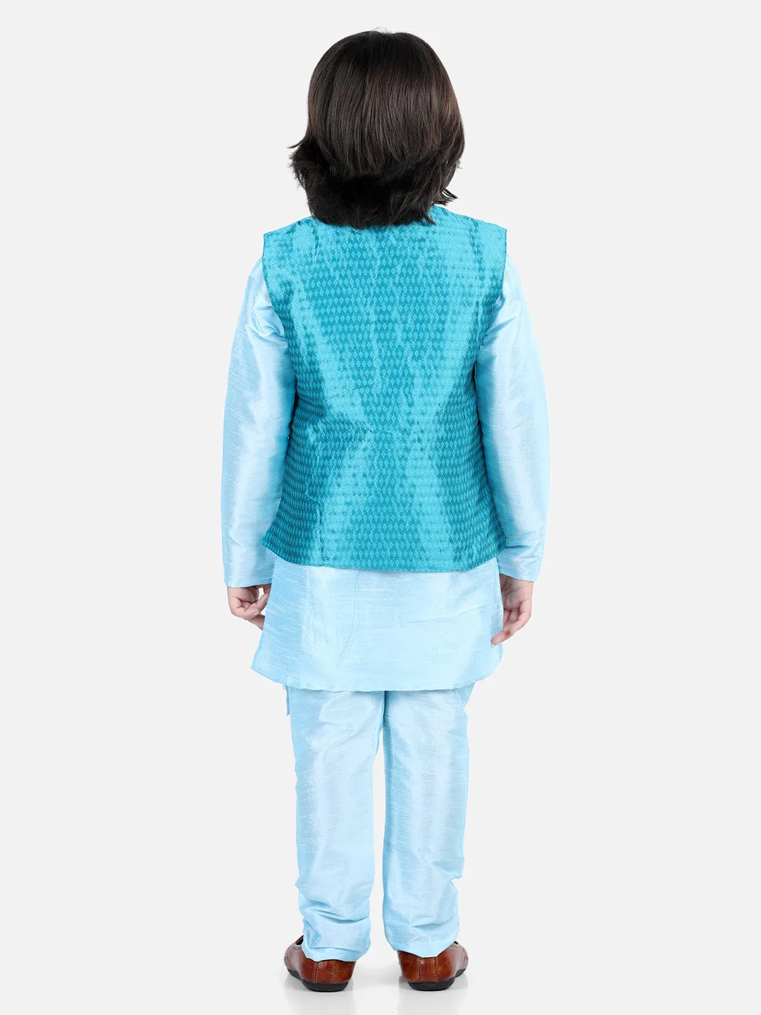 Boys Ethnic Festive Wear Assymetric Kurta Pajama with Jacquard Jacket- Blue