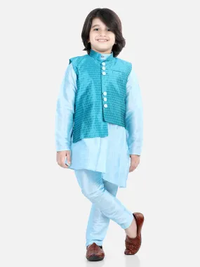 Boys Ethnic Festive Wear Assymetric Kurta Pajama with Jacquard Jacket- Blue