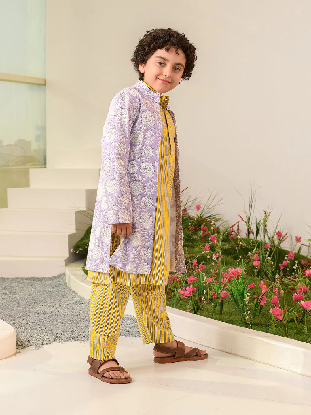Boys Ethnic Motifs Printed Pure Cotton Kurta With Pyjamas Nahru Jacket