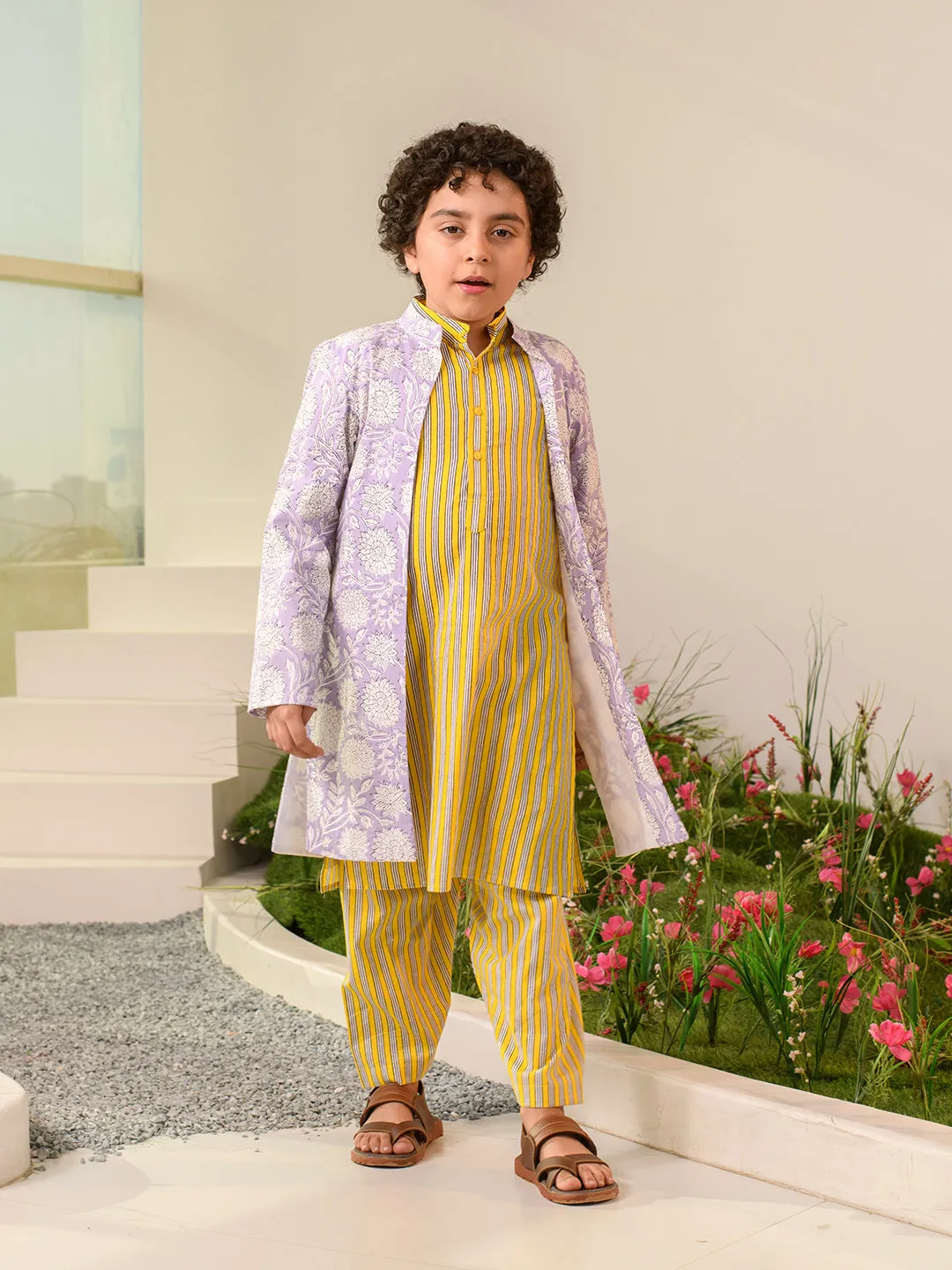 Boys Ethnic Motifs Printed Pure Cotton Kurta With Pyjamas Nahru Jacket