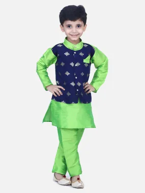 Boys Ethnic Wear Attached Chiffon printed Jacket Full Sleeve Kurta Pajama- Green