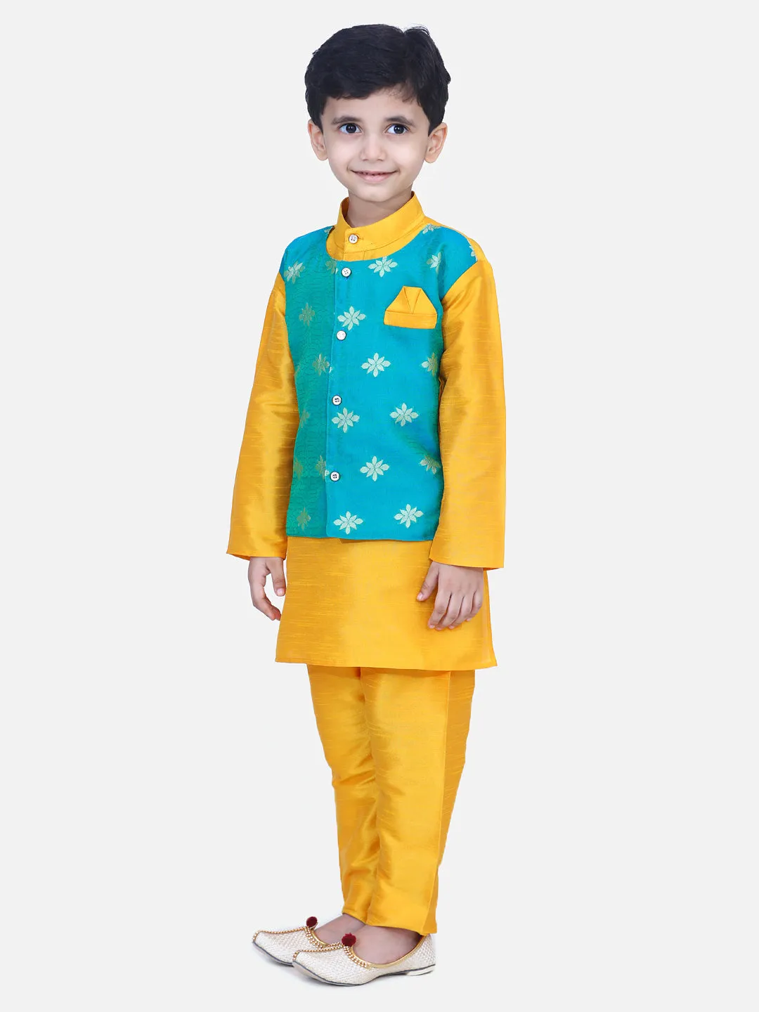 Boys Ethnic Wear Attached Chiffon printed Jacket Full Sleeve Kurta Pajama- Orange