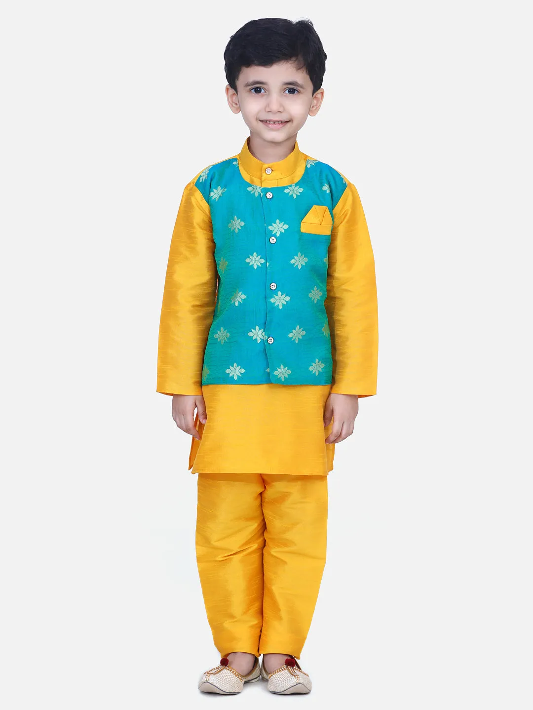 Boys Ethnic Wear Attached Chiffon printed Jacket Full Sleeve Kurta Pajama- Orange