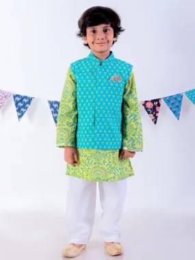 Boy's Green Cotton Jaipuri Print Kurta Pyjama With Jacket Set - Lil Drama