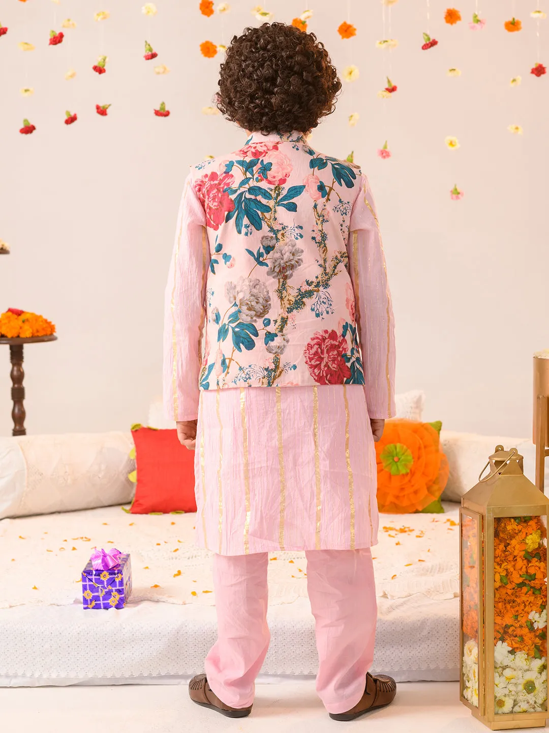 Boys Printed Pure Cotton Kurta With Pyjamas And Nehru Jacket