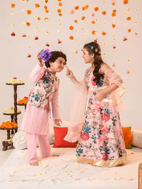 Boys Printed Pure Cotton Kurta With Pyjamas And Nehru Jacket
