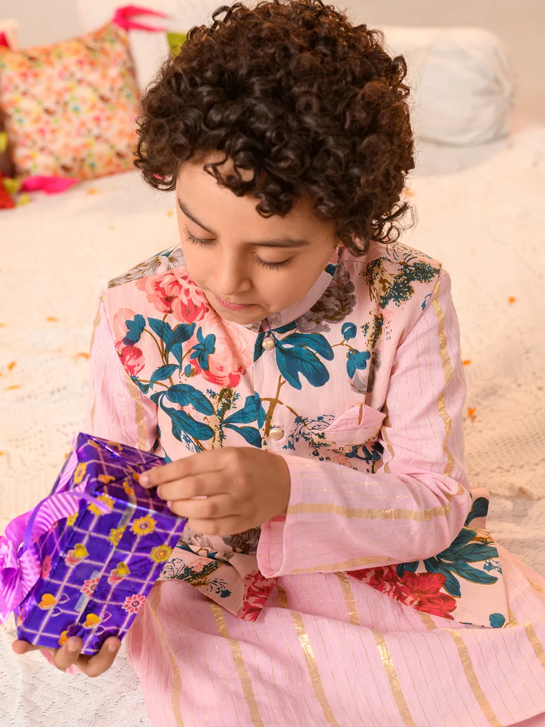 Boys Printed Pure Cotton Kurta With Pyjamas And Nehru Jacket