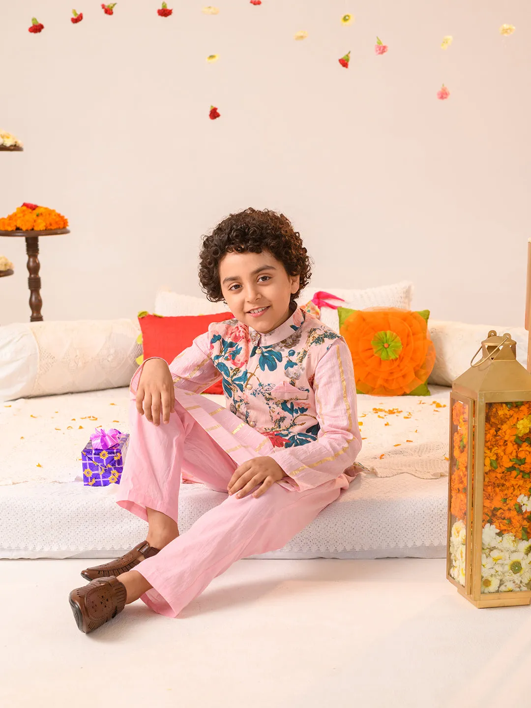 Boys Printed Pure Cotton Kurta With Pyjamas And Nehru Jacket