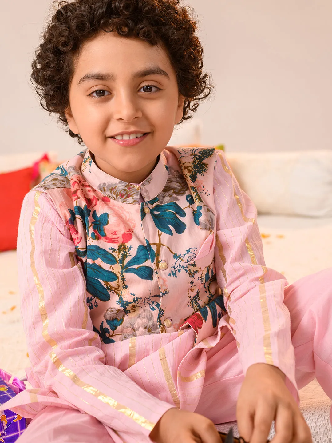 Boys Printed Pure Cotton Kurta With Pyjamas And Nehru Jacket