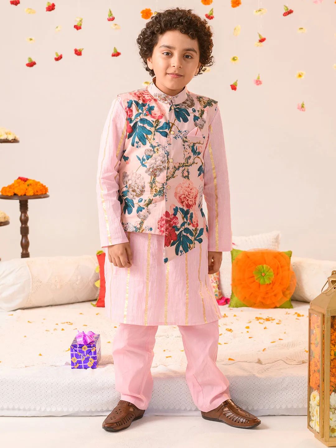 Boys Printed Pure Cotton Kurta With Pyjamas And Nehru Jacket