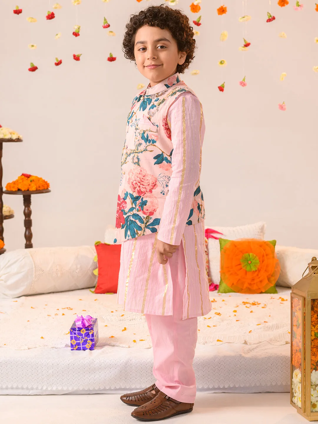 Boys Printed Pure Cotton Kurta With Pyjamas And Nehru Jacket