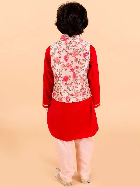 Boys Red Floral Layered Pure Cotton Kurta Pyjama With Jacket
