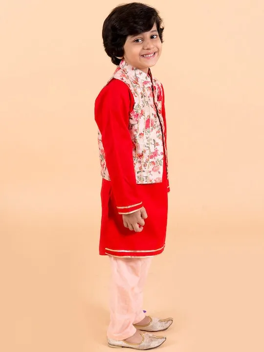 Boys Red Floral Layered Pure Cotton Kurta Pyjama With Jacket