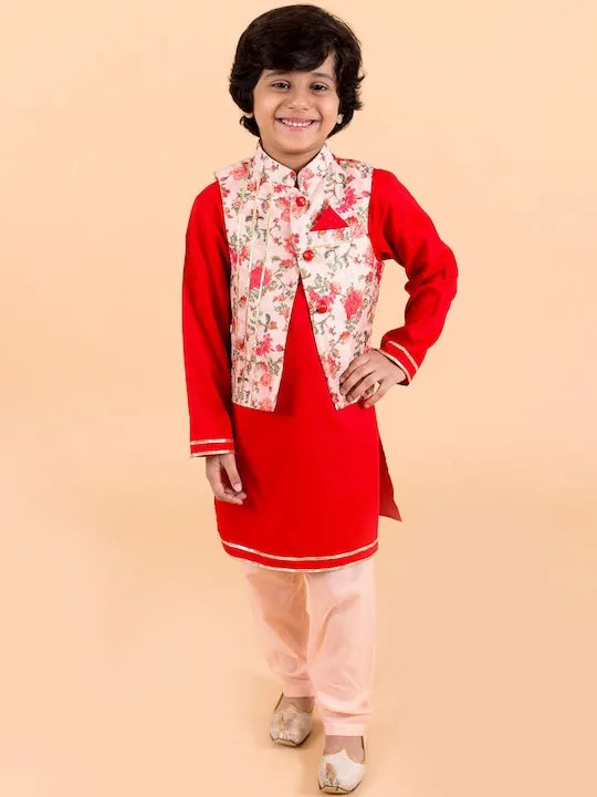 Boys Red Floral Layered Pure Cotton Kurta Pyjama With Jacket