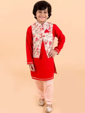 Boys Red Floral Layered Pure Cotton Kurta Pyjama With Jacket