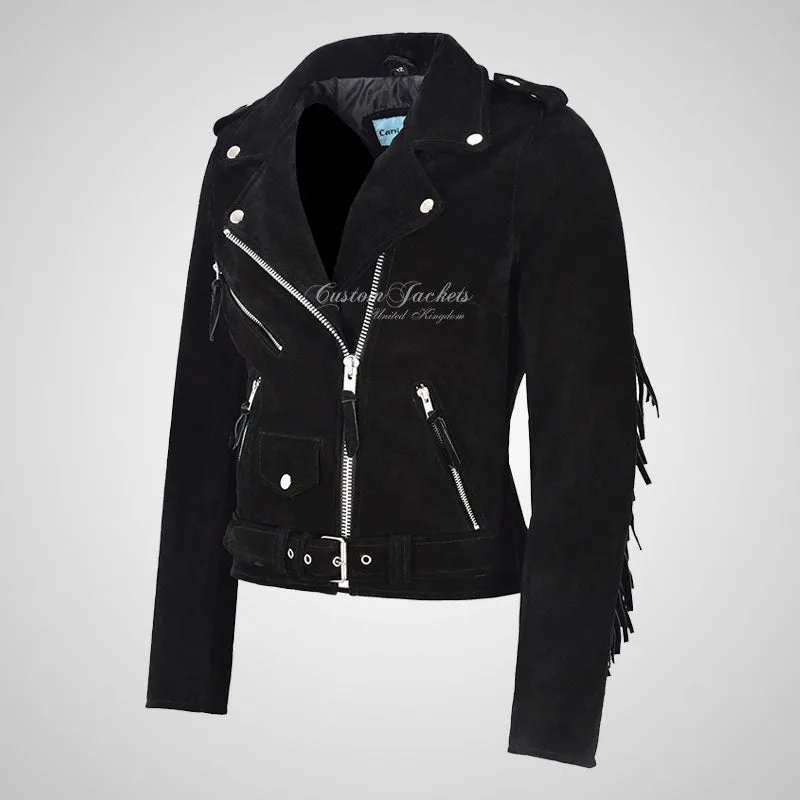 BRANDO Ladies Fringe Suede Biker Jacket Leather Fringe Jacket