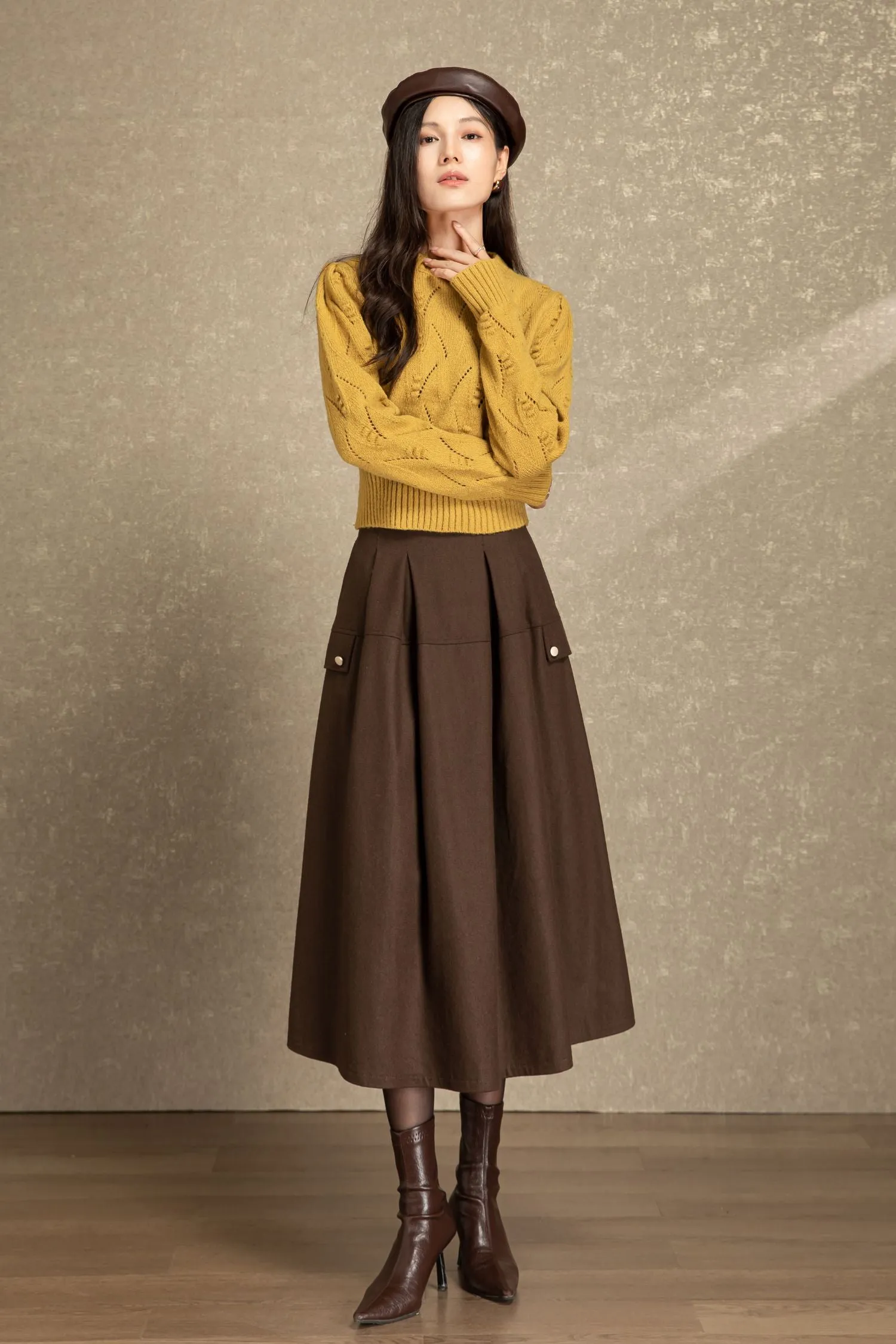 Brown midi winter wool skirt with pockets C4485