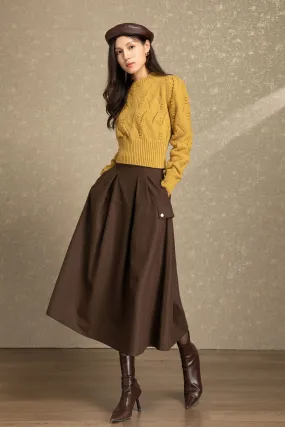Brown midi winter wool skirt with pockets C4485