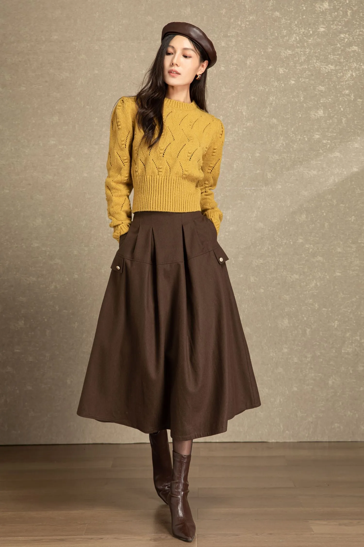 Brown midi winter wool skirt with pockets C4485