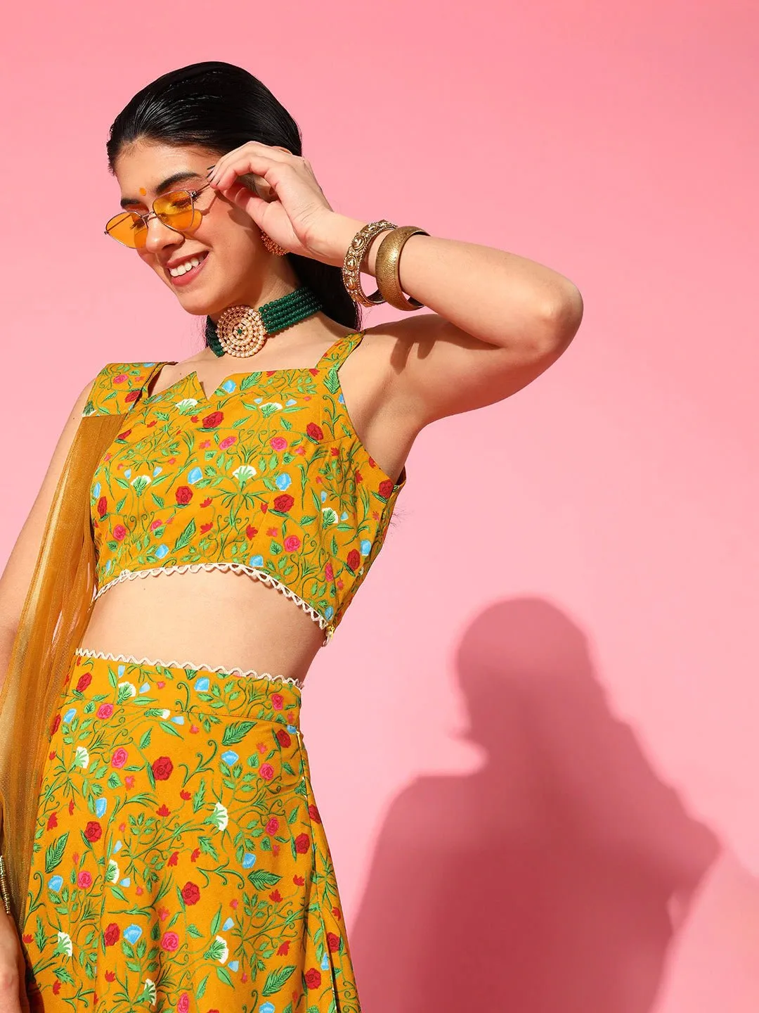 Classic Mustard Printed Semi-Stitched Lehenga Choli with Dupatta