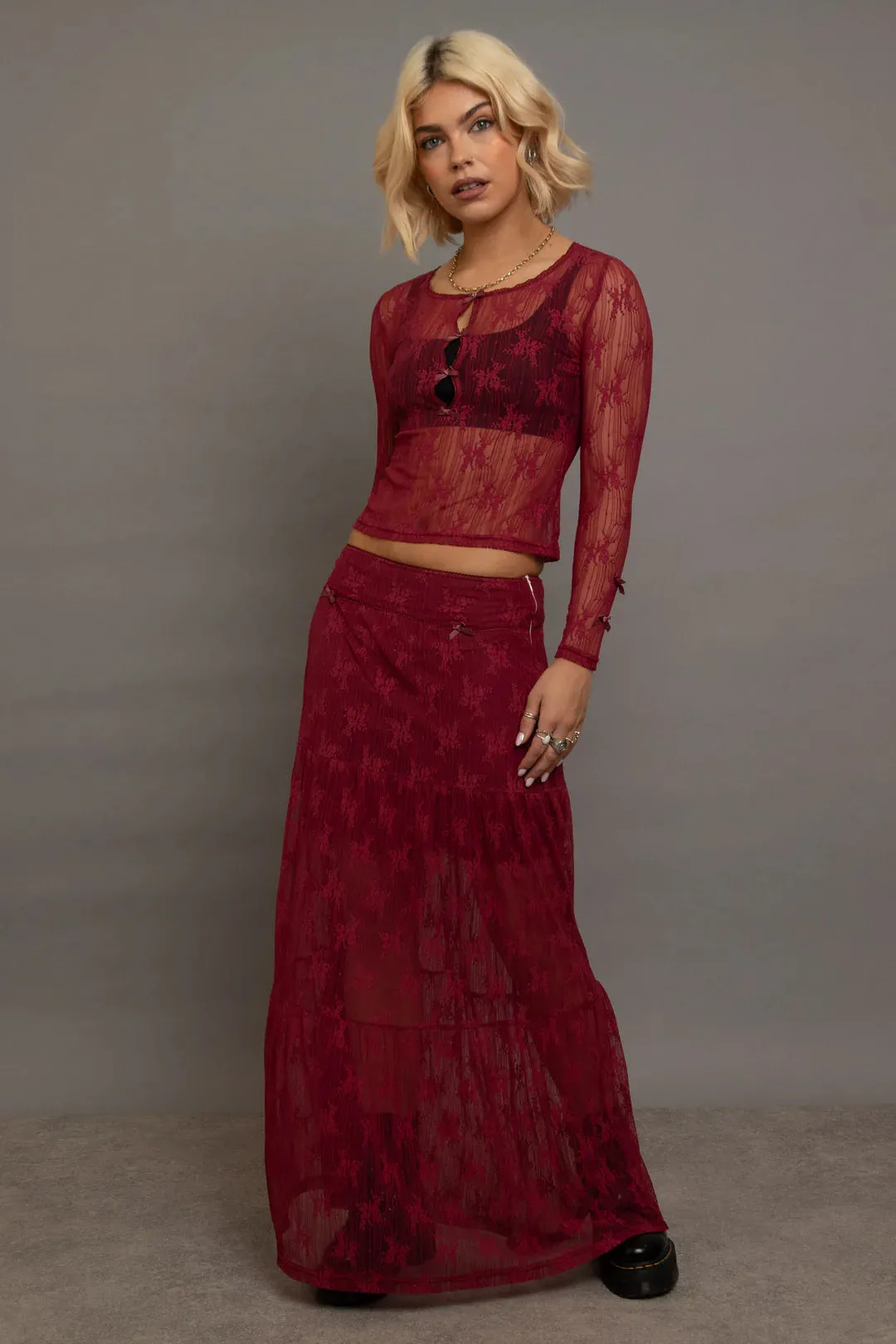 Daisy Street Red Lace Maxi Skirt with Bows