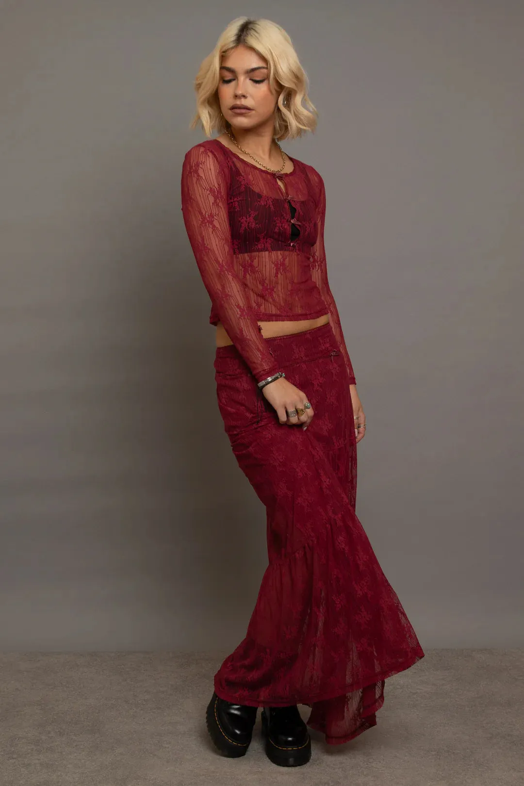 Daisy Street Red Lace Maxi Skirt with Bows