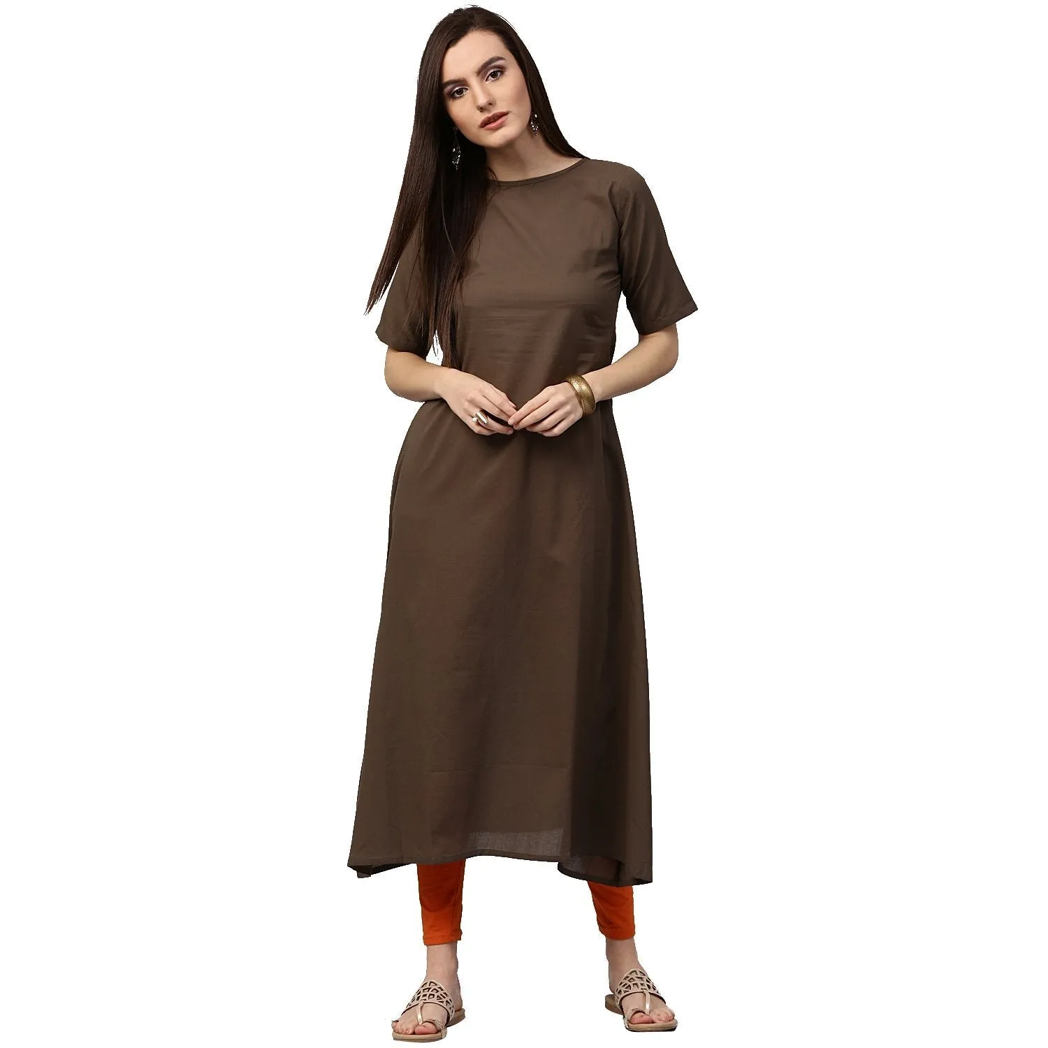 Dark Green Half Sleeve Cotton Kurta With Yellow Printed Floor Length Jacket