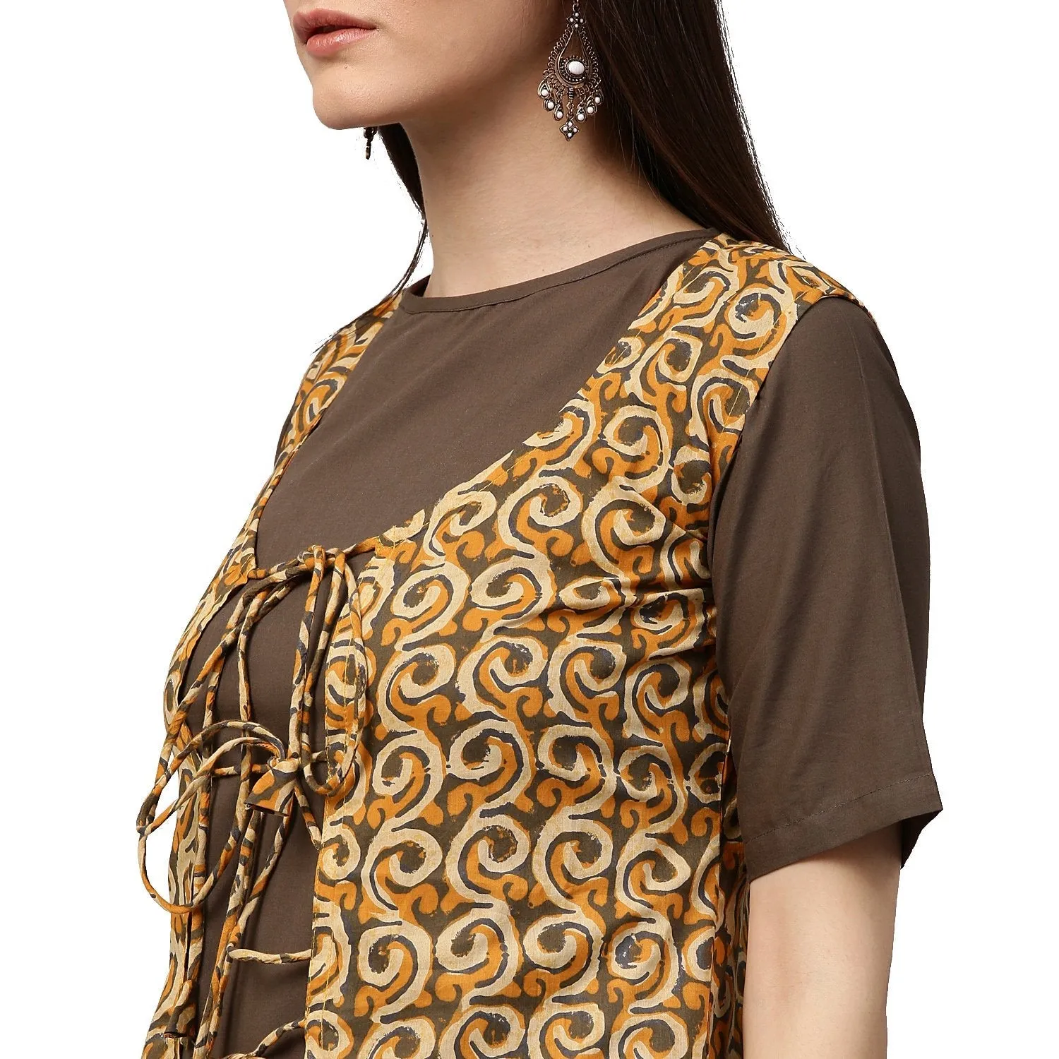 Dark Green Half Sleeve Cotton Kurta With Yellow Printed Floor Length Jacket