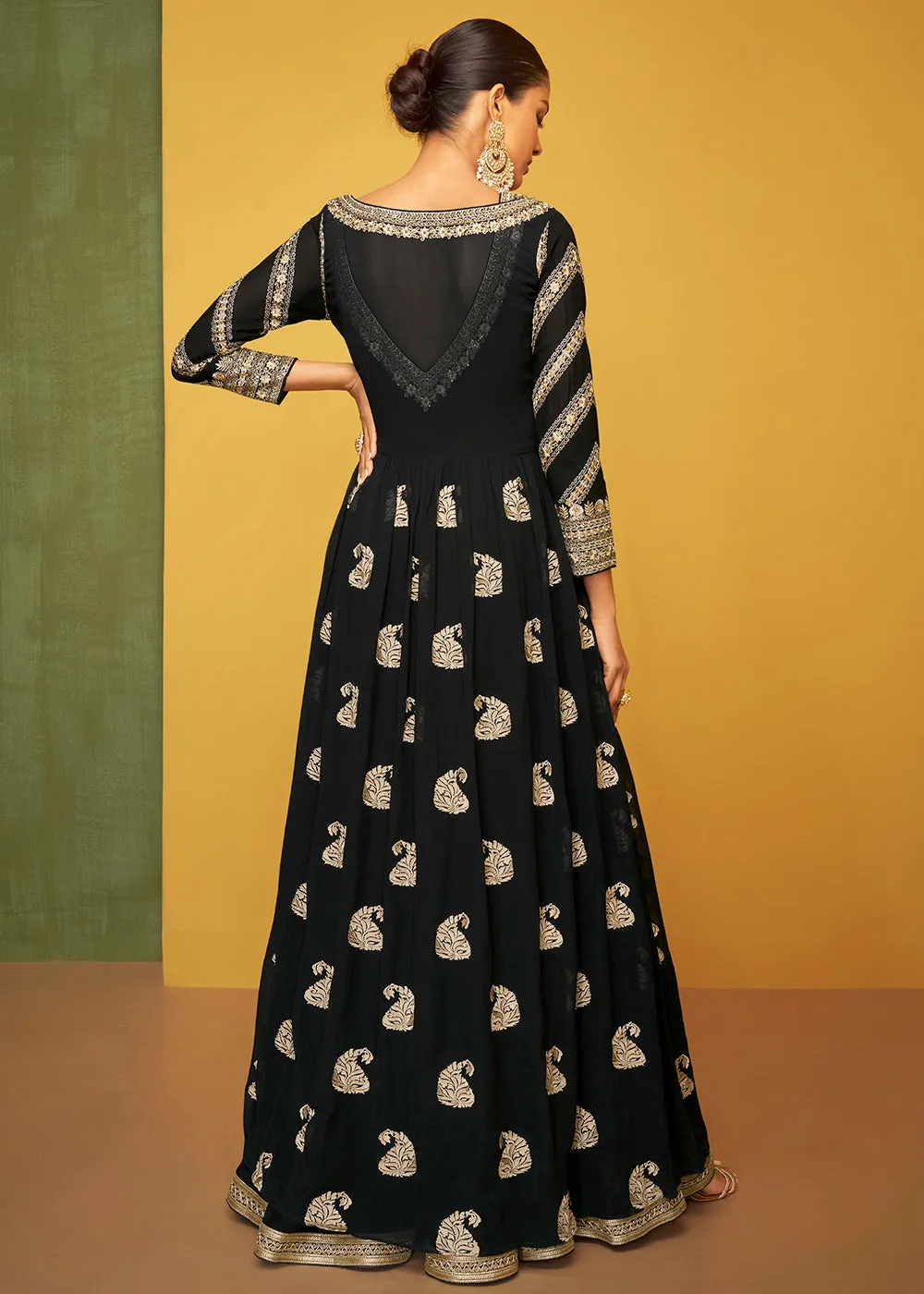 Dazzling Black Chinon Fabric Jacket Style Designer Anarkali Gown