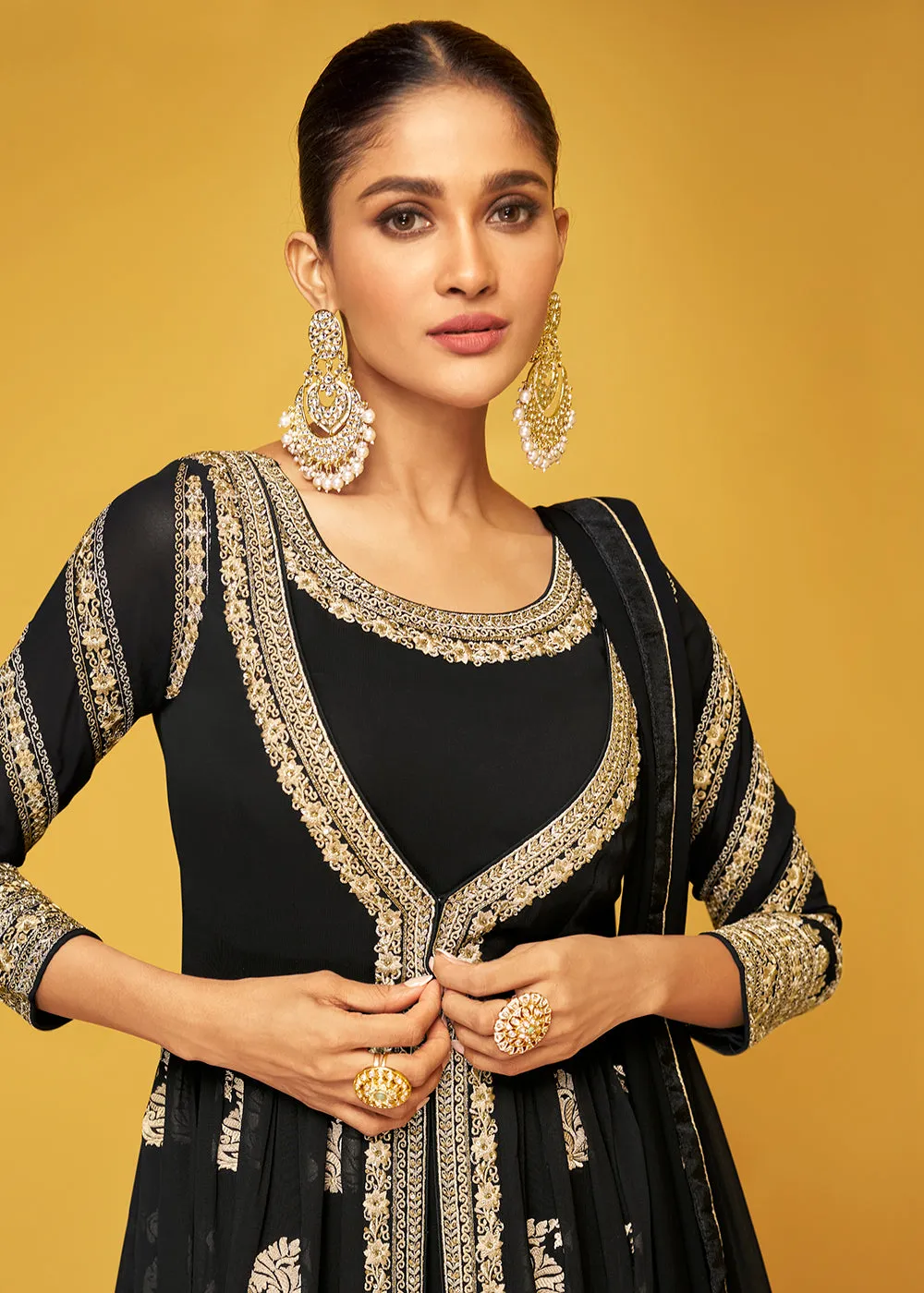 Dazzling Black Chinon Fabric Jacket Style Designer Anarkali Gown