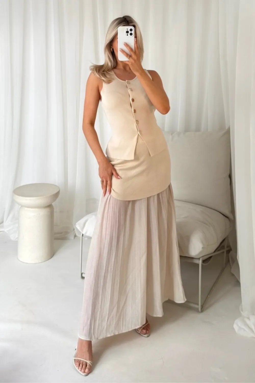 Delilah cream knit waistcoat & pleated sheer maxi skirt