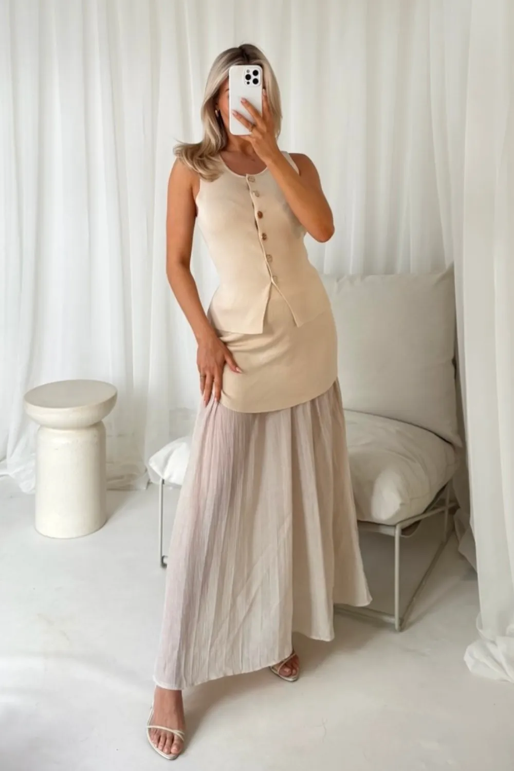 Delilah cream knit waistcoat & pleated sheer maxi skirt