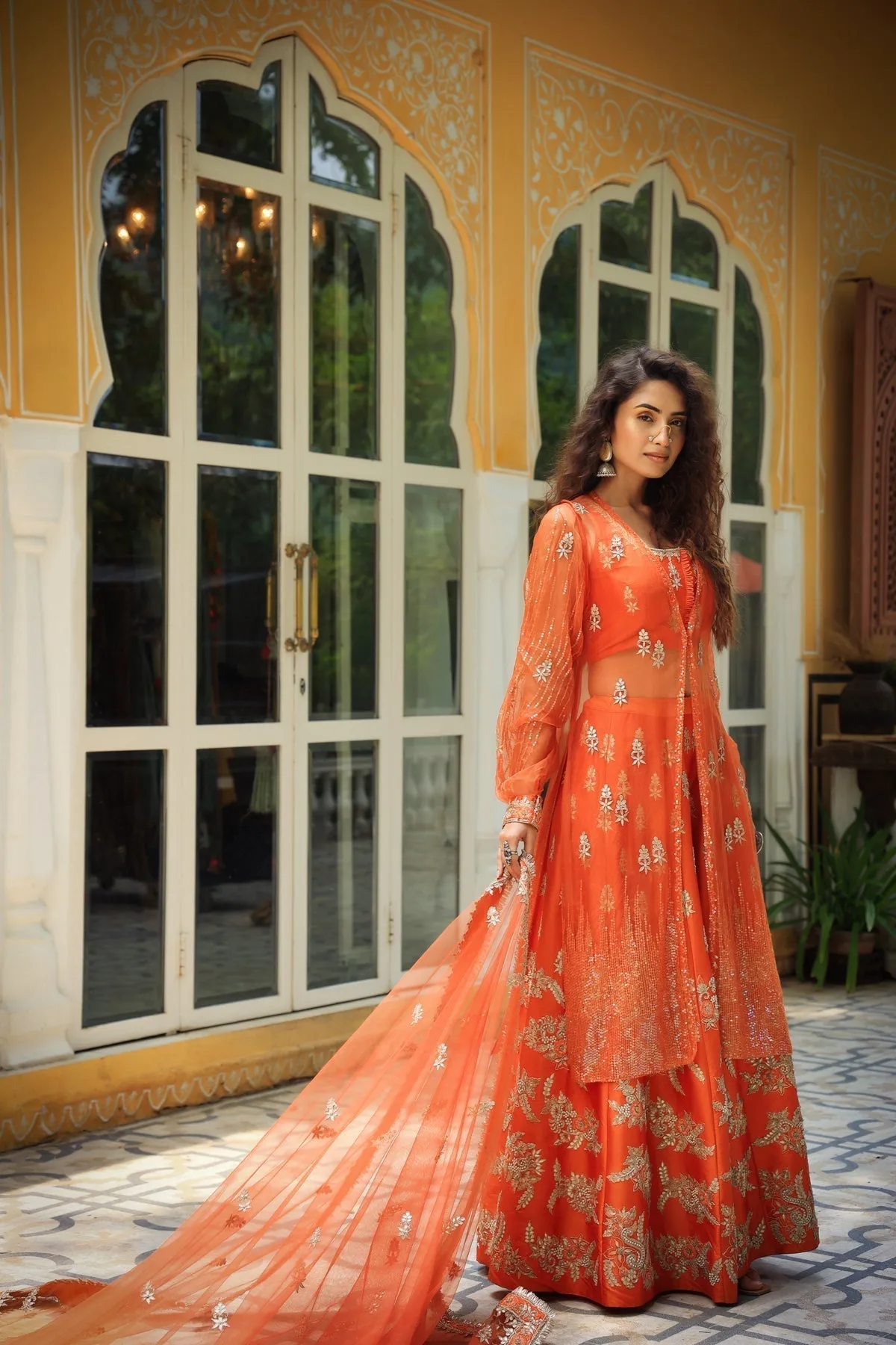 Dilruba narangi gota patti sharara, top,jacket & dupatta set