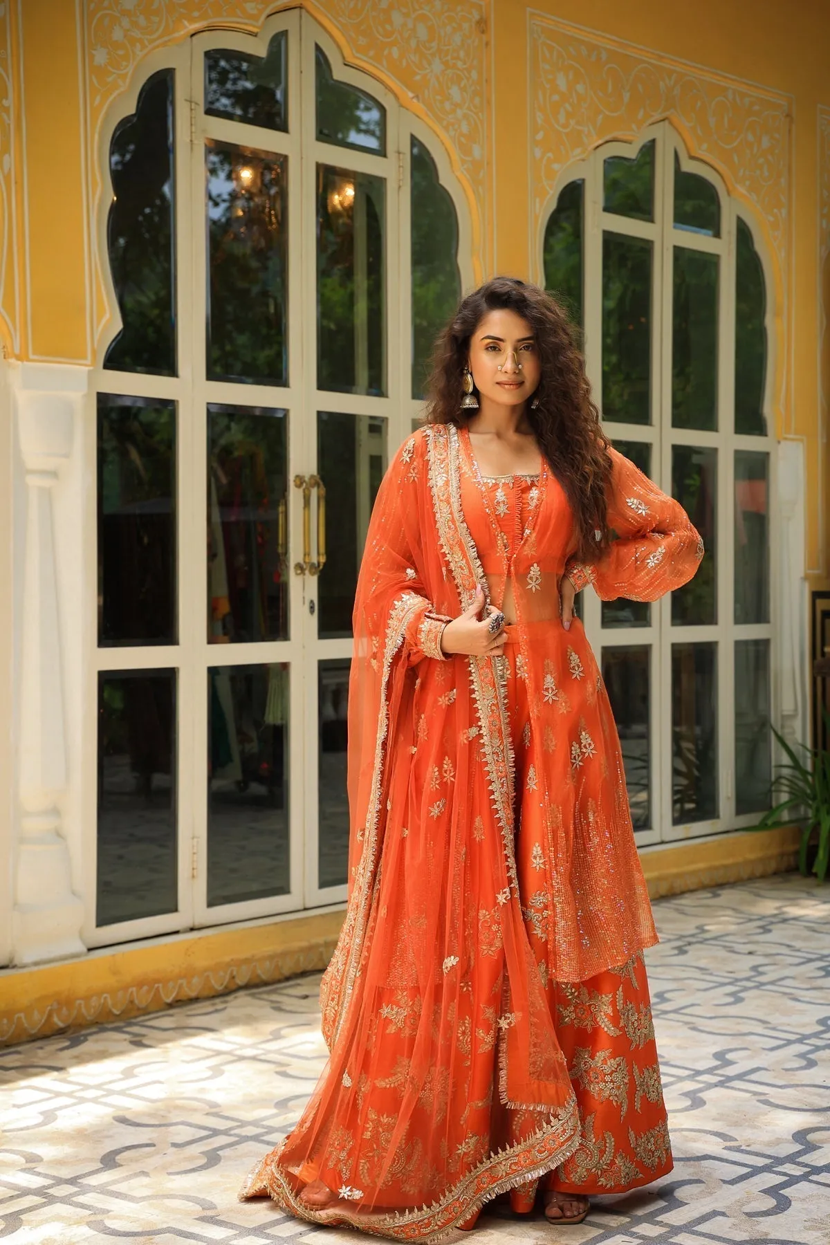 Dilruba narangi gota patti sharara, top,jacket & dupatta set