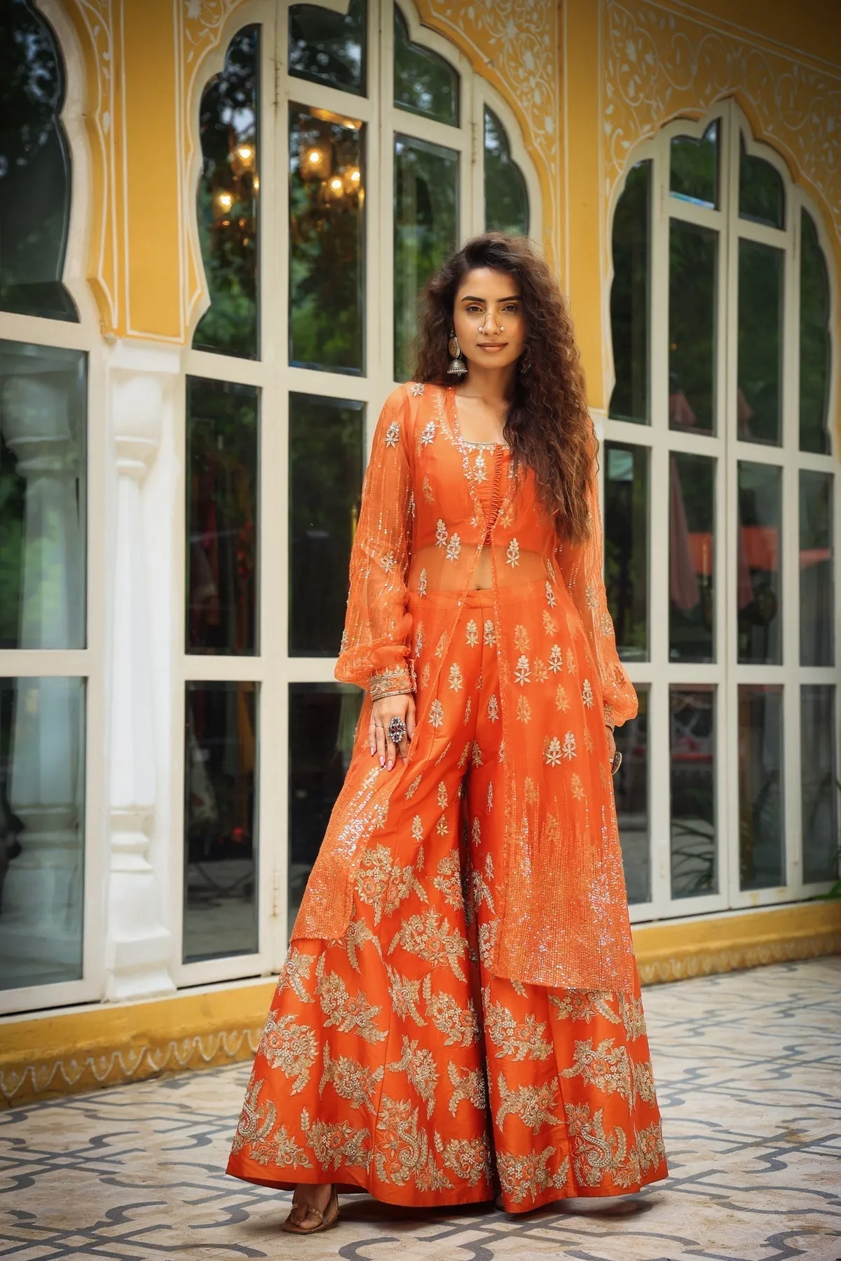 Dilruba narangi gota patti sharara, top,jacket & dupatta set