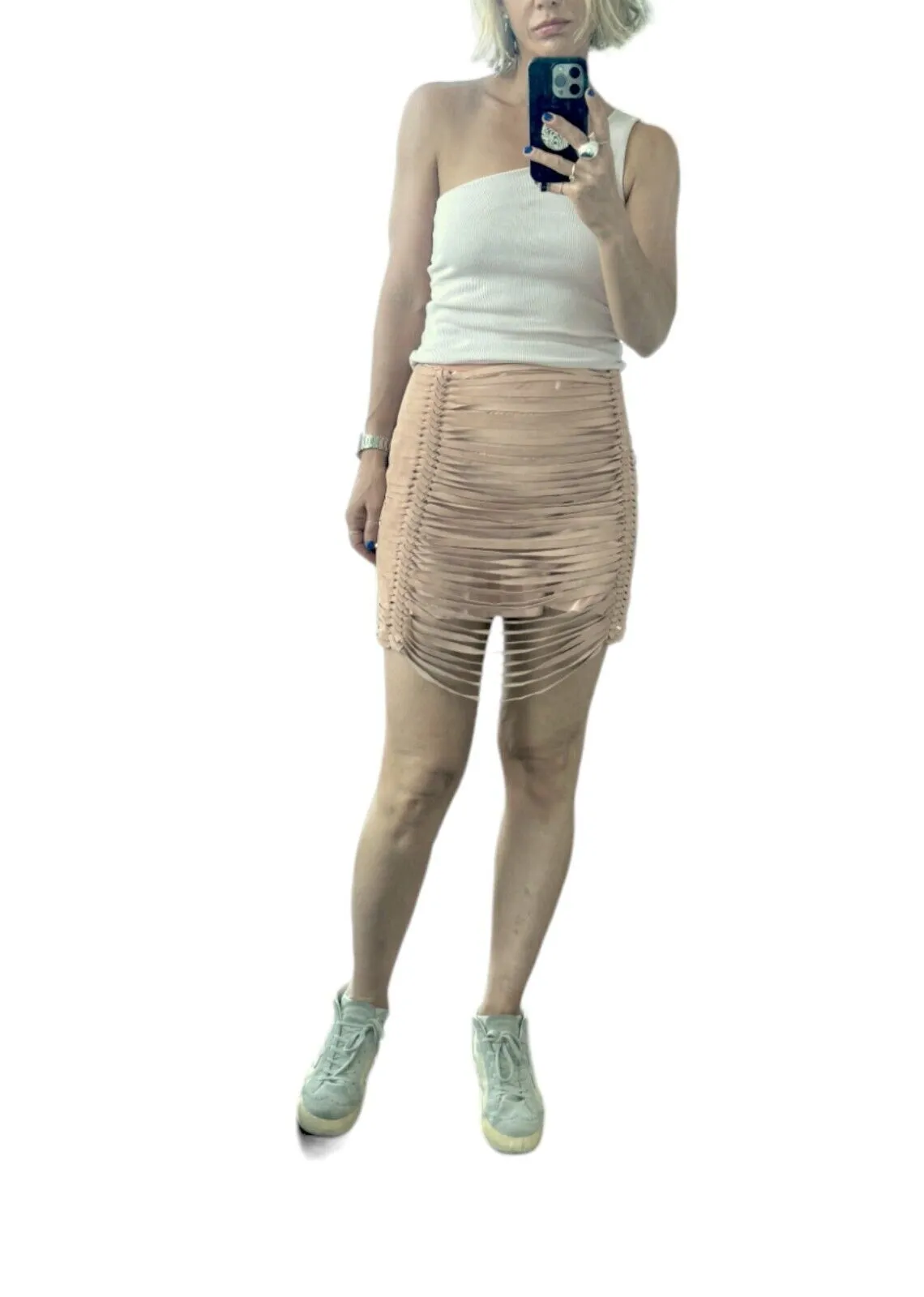 Dion Lee Suede Mini Skirt | Sz 10, Camel/Nude, Stretch Lining, Slashing/Ripping