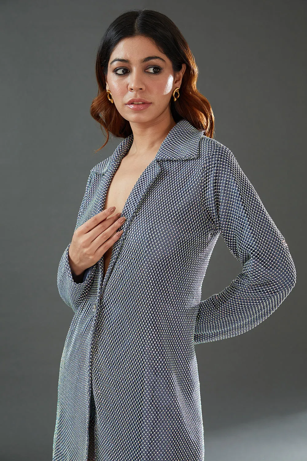 Embellished Grey Co-Ord Set In Mesh & Taffeta