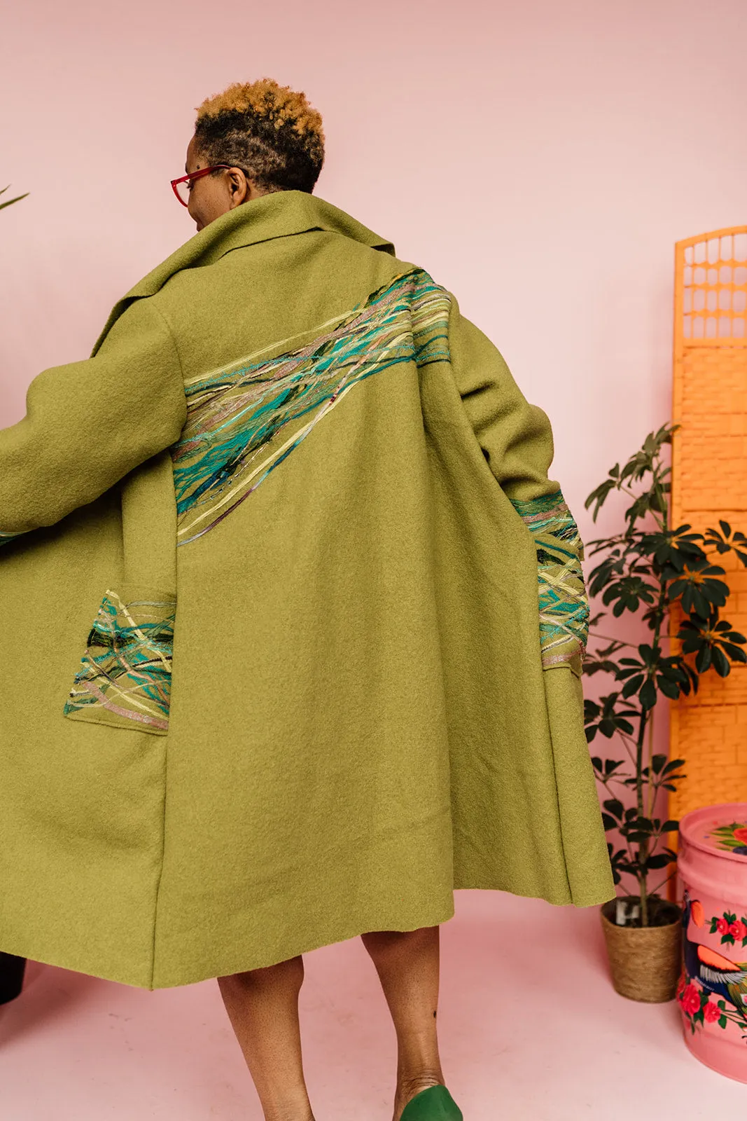 Embellished Long Wool Coat in Olive Green