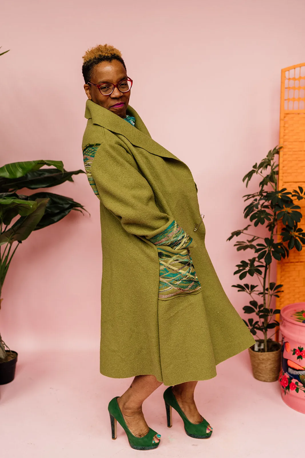 Embellished Long Wool Coat in Olive Green