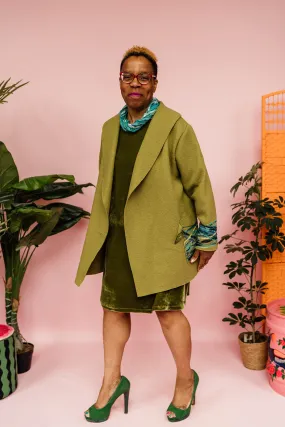 Embellished Short Wool Coat in Olive Green
