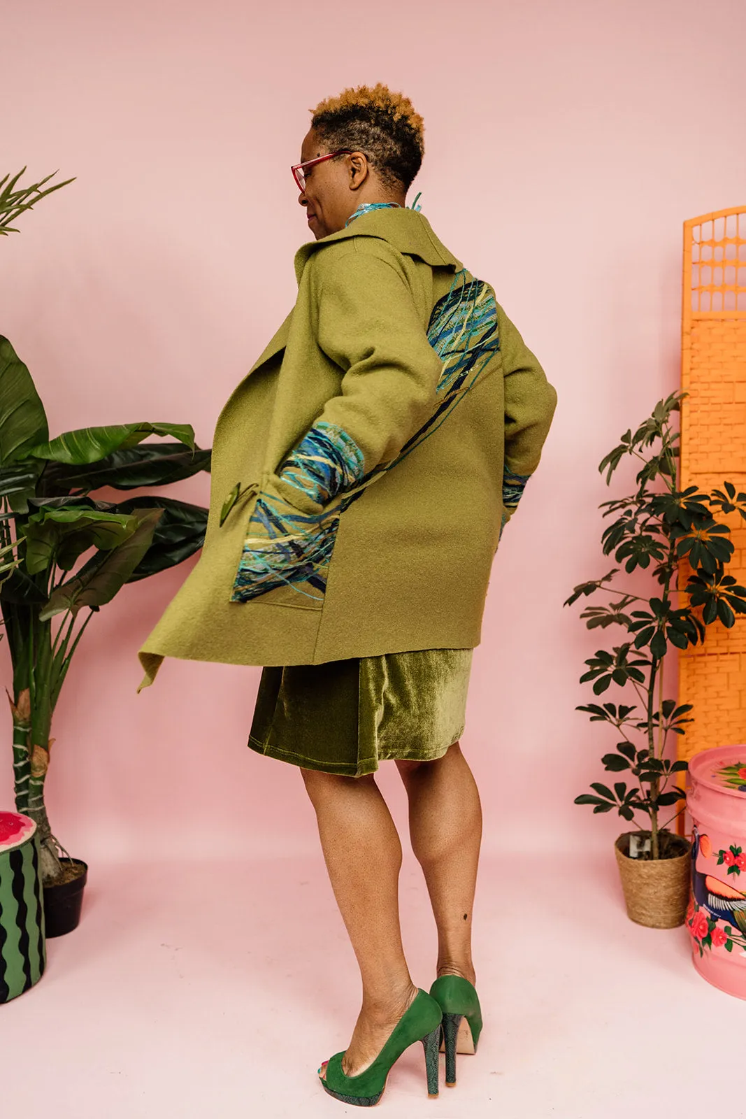 Embellished Short Wool Coat in Olive Green